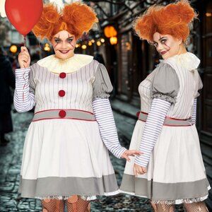 2Pc Creepy Clown Costume Dress Women Plus Size 1x 2x Halloween Cosplay Outfit